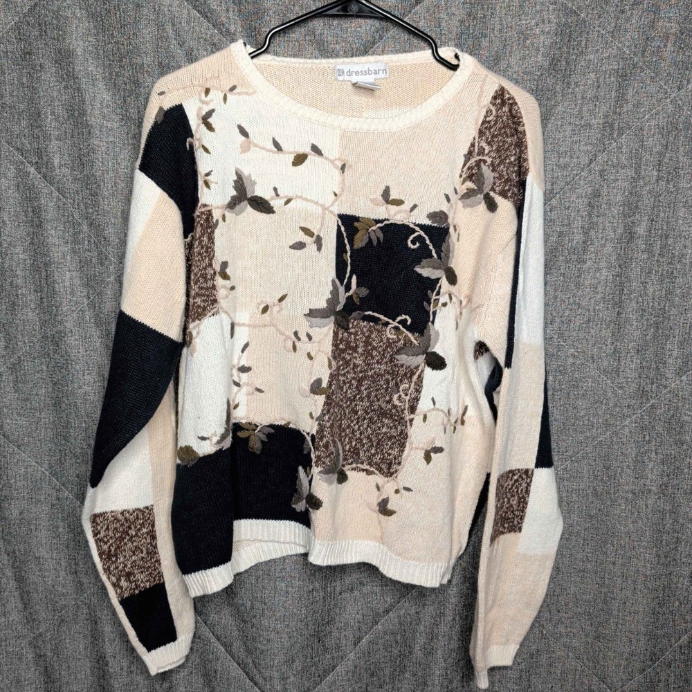 Dressbarn Sweater Women XL‎ Cream Black Colorblock Floral Embroidery Patchwork